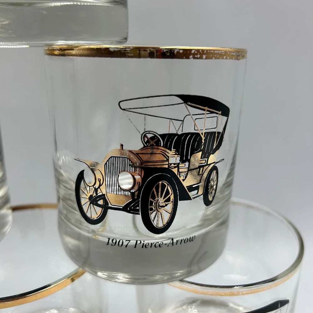 Whiskey Glasses Gold Clear Vintage Classic Cars Set 6 Good